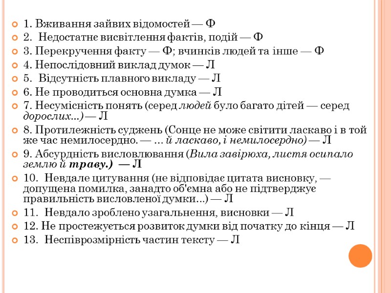 1. Вживання зайвих відомостей — Ф 2.  Недостатнє висвітлення фактів, подій — Ф